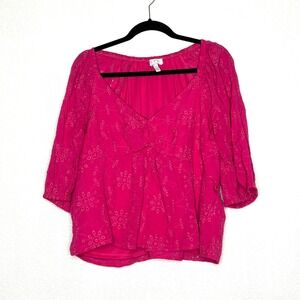 Sofia Jeans Women's Top XXL Pink Eyelet Embroidered V Neck 3/4‎ Sleeve Boho